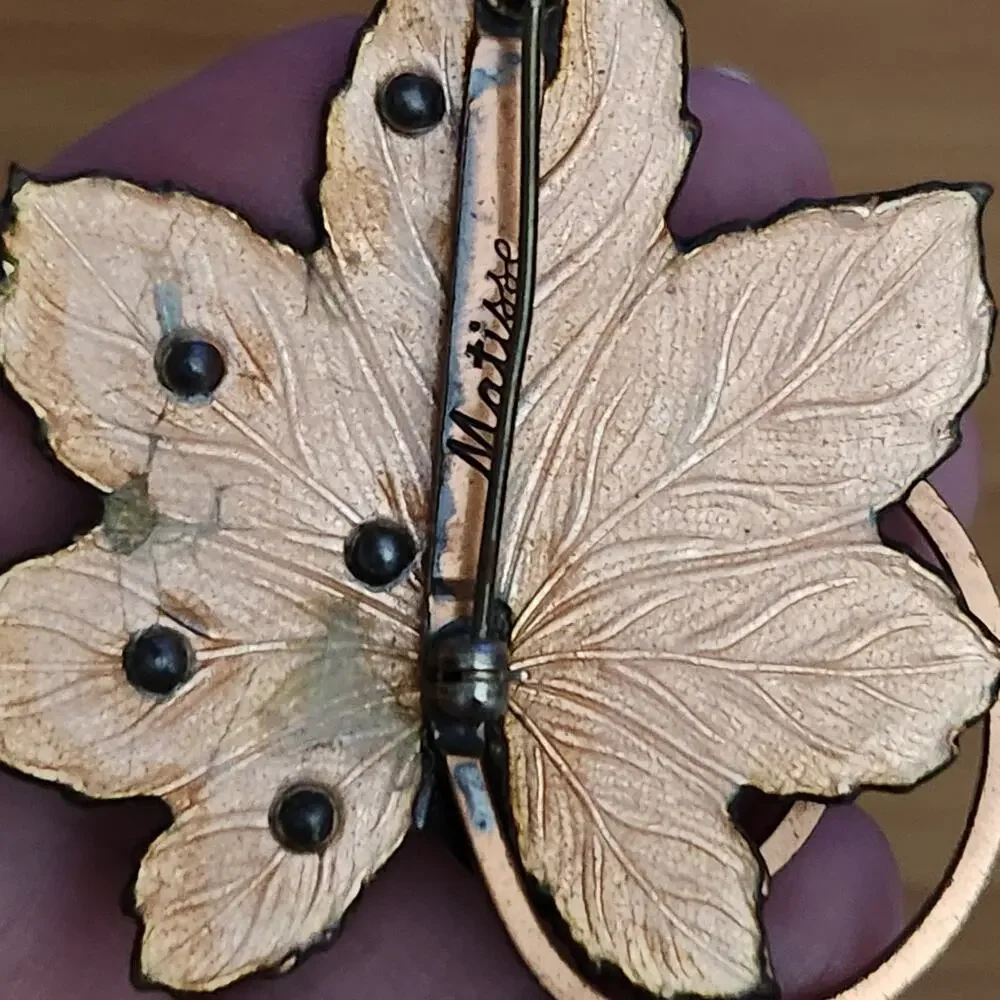 Vintage MATISSE Copper Enamel Red Maple Leaf Brooch & Earrings Set Mid Century